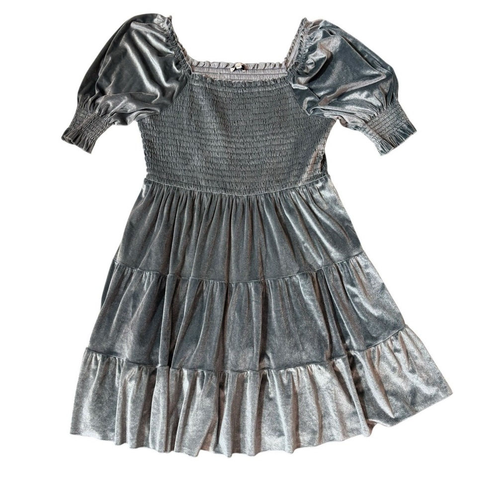 BALTIC BORN Vivaldi Smocked Velvet Midi Dress Size 1X Blue/Gray Stretch Bust